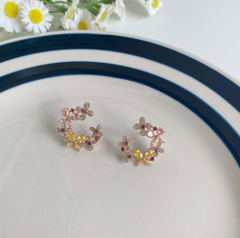 Crystal Flower Red Dot Earring