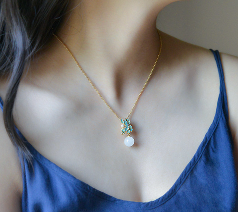 White Jade Blue Leaf Necklace