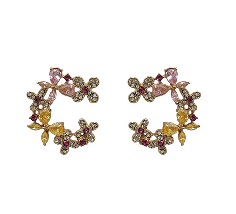 Crystal Flower Red Dot Earring