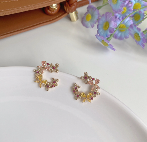 Crystal Flower Red Dot Earring