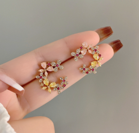 Crystal Flower Red Dot Earring