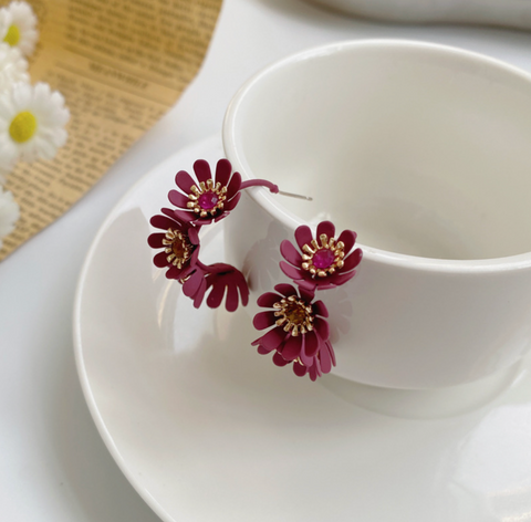 Red Flower Hoop Earring