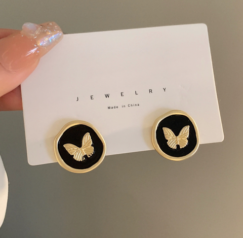 Gold Butterfly Round Earring Black