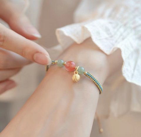 Red Bead Green Braided Bracelet
