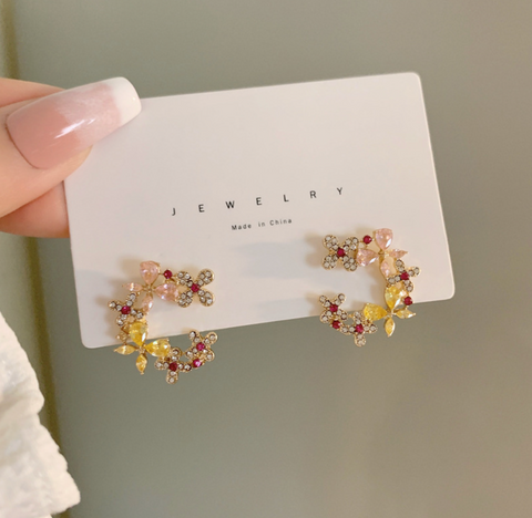 Crystal Flower Red Dot Earring