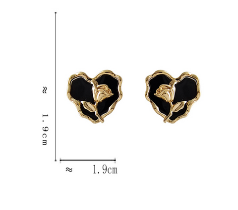 Gold Rose Black Heart Earring