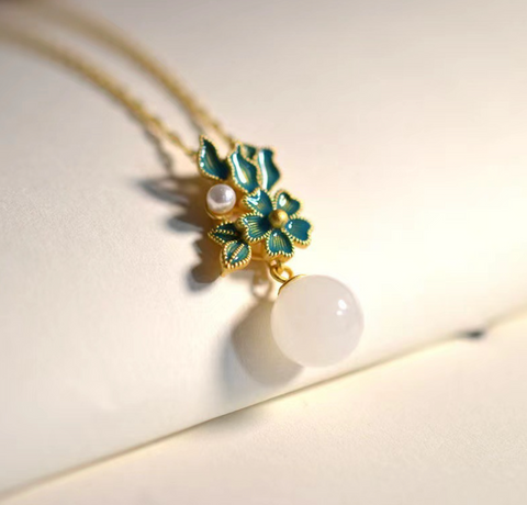 White Jade Blue Leaf Necklace