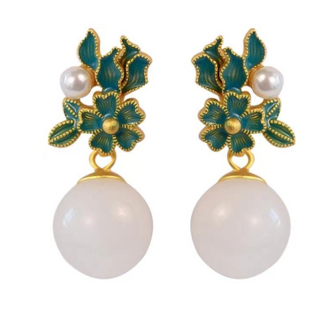 Pink Jade Blue Leaf Earring