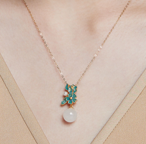 White Jade Blue Leaf Necklace