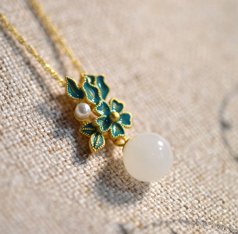 White Jade Blue Leaf Necklace