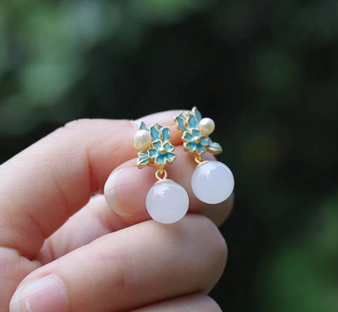 Pink Jade Blue Leaf Earring