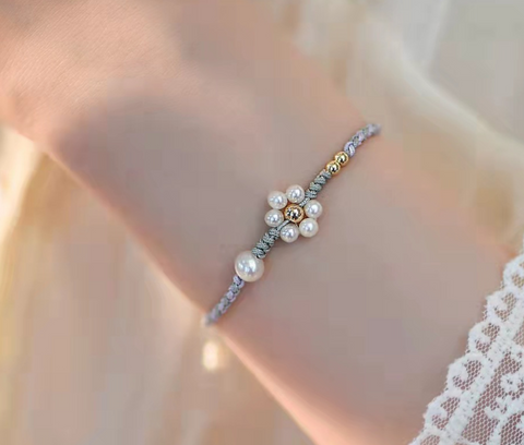 Flower Pearl Grey Braided Bracelet