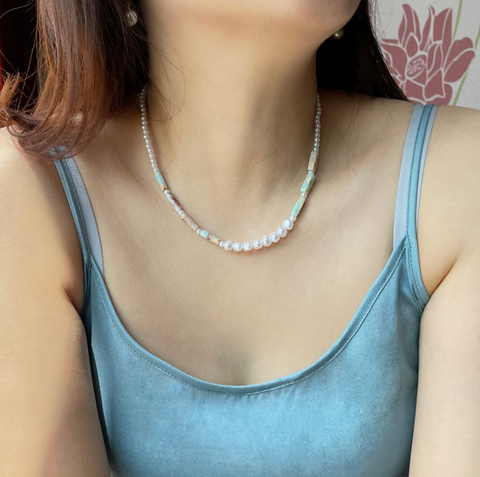 Turquoise Rectangle Bead Pearl Necklace