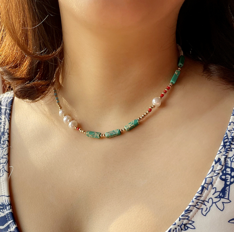 Round Pearl Rectangle Pearl Bead Necklace