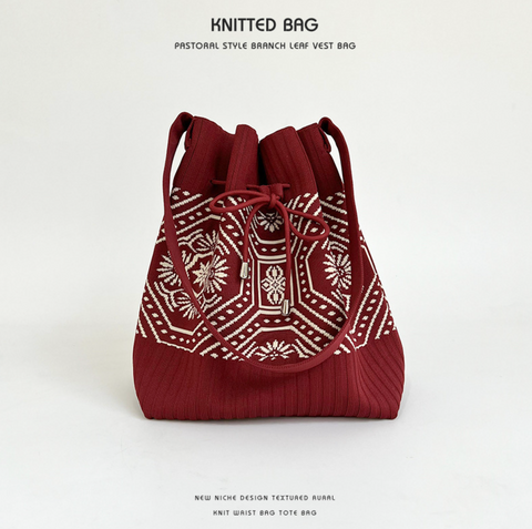 Drawstring Branch Leaf Knit Bag