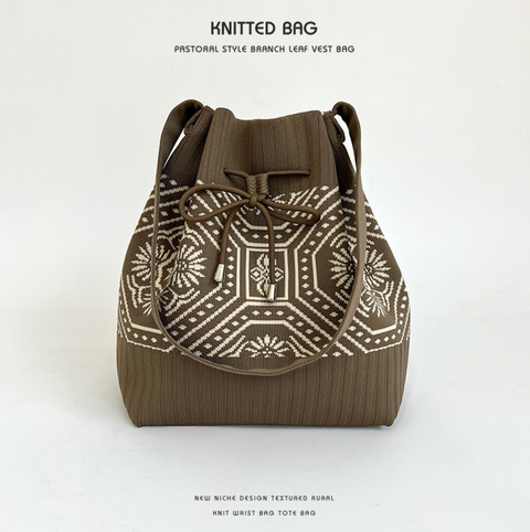 Drawstring Branch Leaf Knit Bag