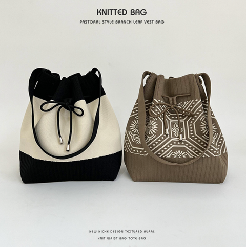 Drawstring Branch Leaf Knit Bag