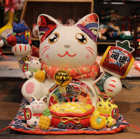 10" Ceramic Lucky Cat Catbank Gold Coins