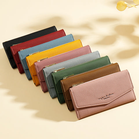 Three-Fold Leather Long Wallet