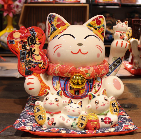 10" Ceramic Lucky Cat Catbank Kittens