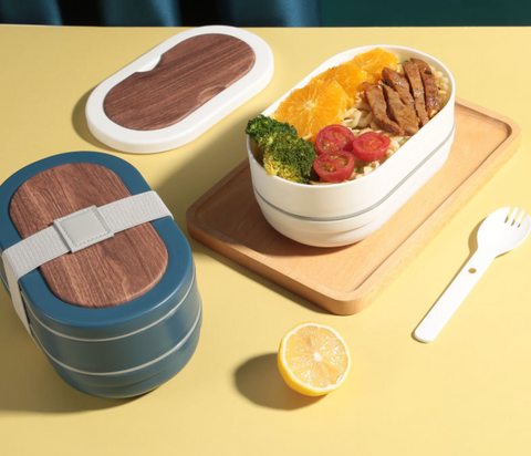 Wood Grain Strap Dual Layer Bento Oval