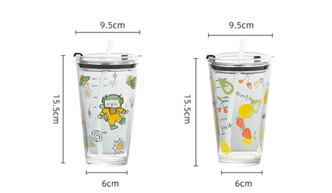 Cartoon Glass Straw Cup with Lid 450ml