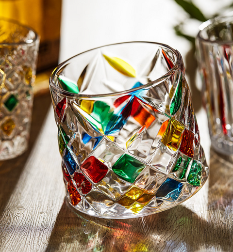 Color Whiskey Glass with Wood Coaster