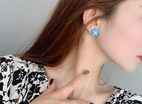 Blue Flower Yellow Center Earring