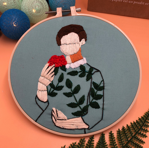 Short Brunette with Leaf Dress on Green Embroidery