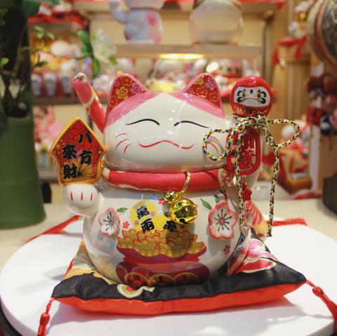 7" Cherry Blossom Ceramic Lucky Cat - Fortune