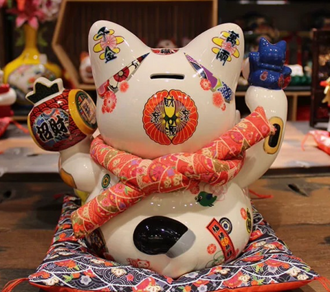 10" Ceramic Lucky Cat Catbank Gold Coins