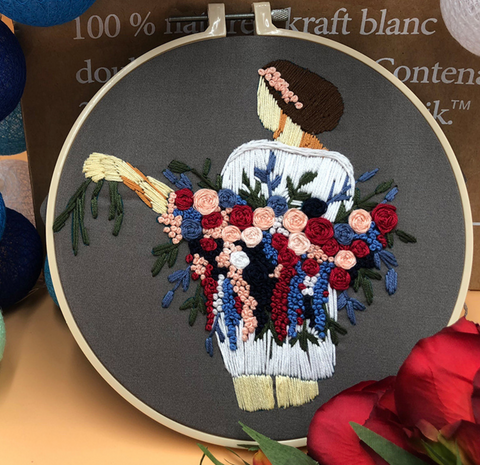Red/Blue/Pink Garland Bouquet with Women in White Embroidery