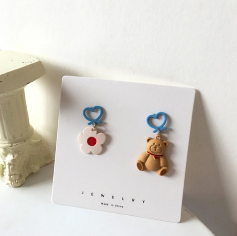 Brown Teddy Bear and Flower Earring- Clip