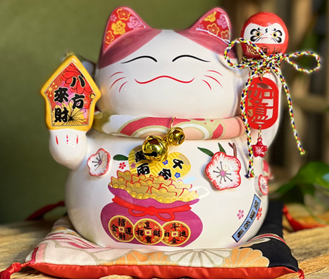 7" Cherry Blossom Ceramic Lucky Cat - Fortune