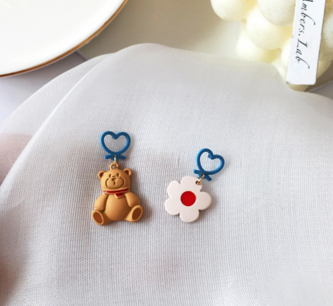 Brown Teddy Bear and Flower Earring- Clip