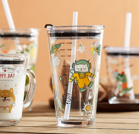 Cartoon Glass Straw Cup with Lid 450ml