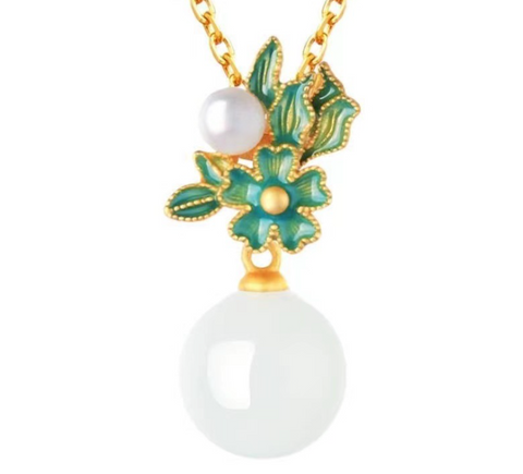 White Jade Blue Leaf Necklace