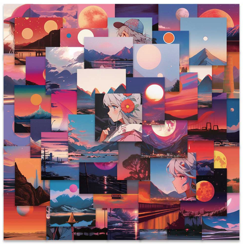 Sunset Scenery Animation Vinyl Sticker 50pc