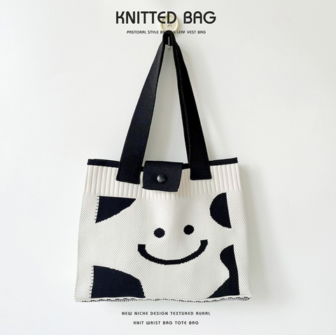 Smily Face Knitted Button Tote