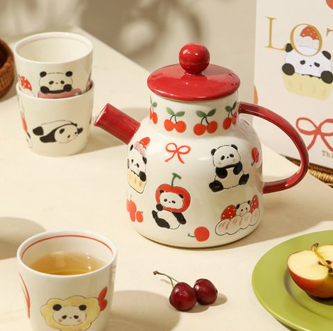 Panda Red Ceramic Teapot with Cup Set