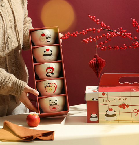 Lotus Blue Ceramic Panda Rice Bowl 410ml 5 Set