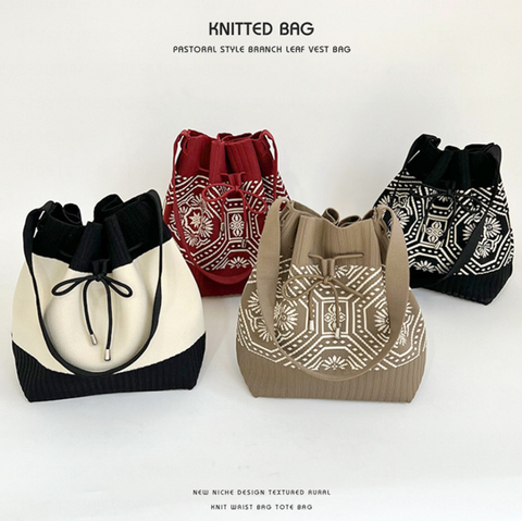 Drawstring Branch Leaf Knit Bag