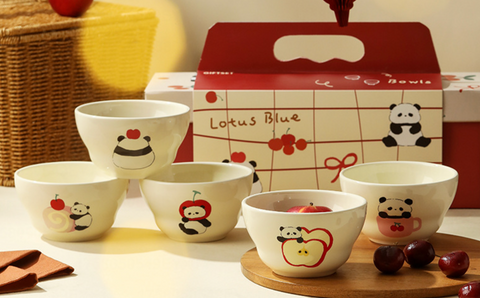 Lotus Blue Ceramic Panda Rice Bowl 410ml 5 Set
