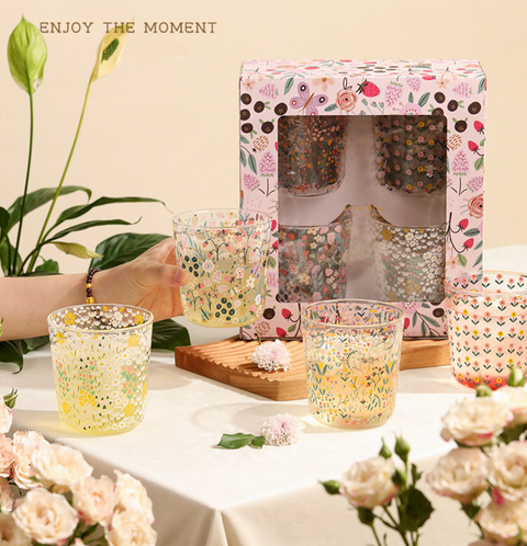 Gift Set of 4 Glass Flower Cup 454ml