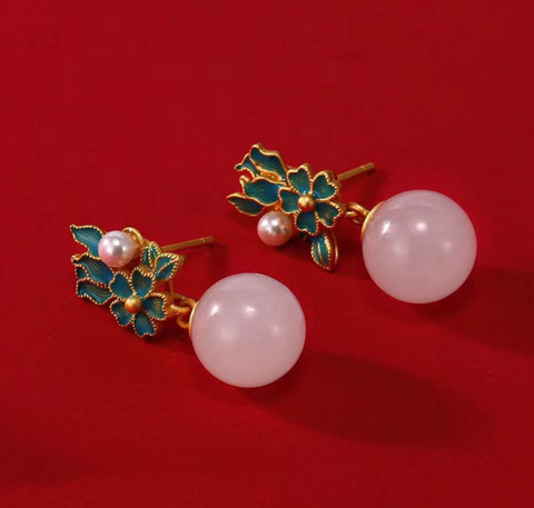 Pink Jade Blue Leaf Earring