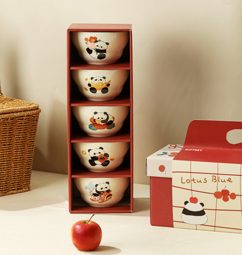 Lotus Blue Ceramic Panda Rice Bowl 410ml 5 Set