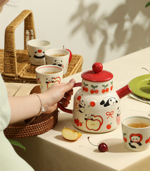 Panda Red Ceramic Teapot with Cup Set