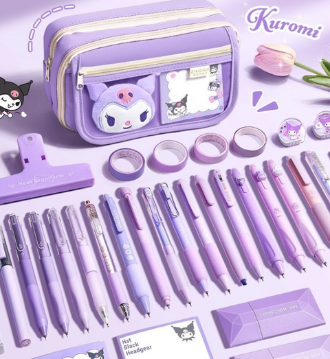 Purple Kuromi Pencil Case Set (9 Layer Flip Cover/ 2 brooches)