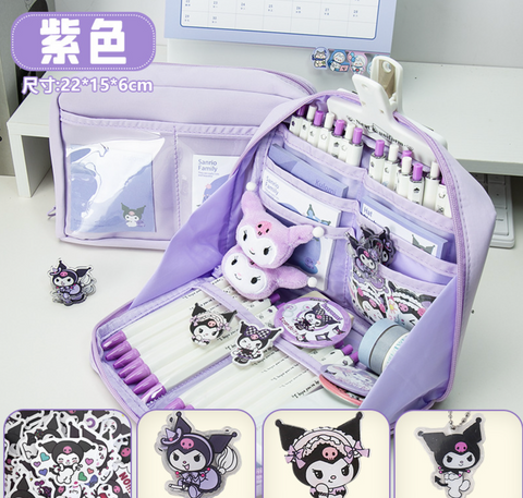 Purple Kuromi Pencil Case Set (Standing/10Stickers/Brooch/Pendents/Clips)