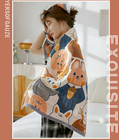 Animal Friends Hill Blue Cotton Towel Blanket 70*140cm